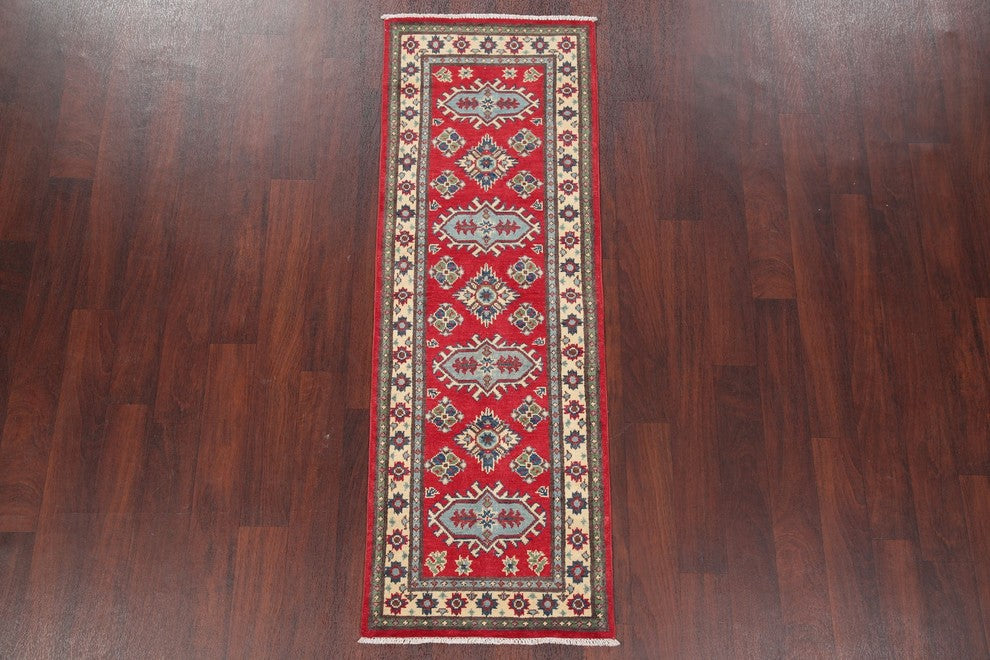 Traditional Kazak Oriental Hand-Knotted Pakistani Runner Rug, Red, 6'1"X2'1"