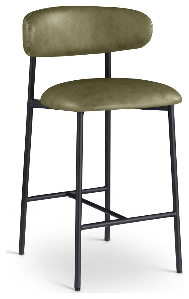 Lupita Upholstered Counter Stool, Olive, Vegan Leather, Matte Black, Set of 2