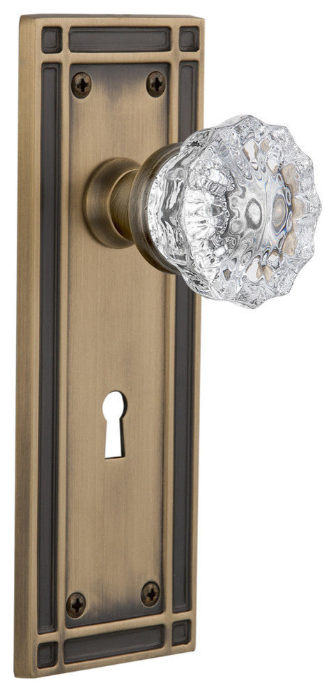 Single Dummy Knob With Keyhole, Mission Plate With Crystal Knob, Antique Brass