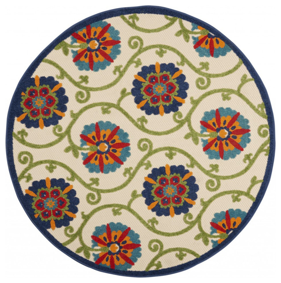 5' Round Ivory And Blue Round Floral Indoor Outdoor Area Rug