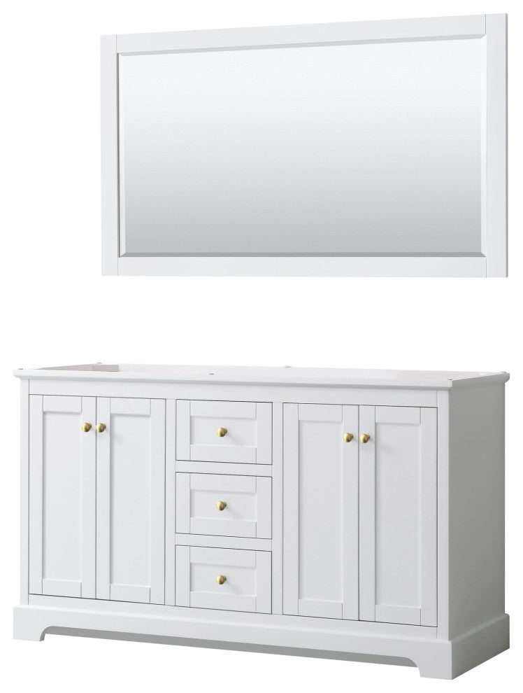 60" Double Bath Vanity, White, No Countertop, 58" Mirror, Gold Trim