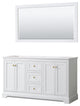 60" Double Bath Vanity, White, No Countertop, 58" Mirror, Gold Trim