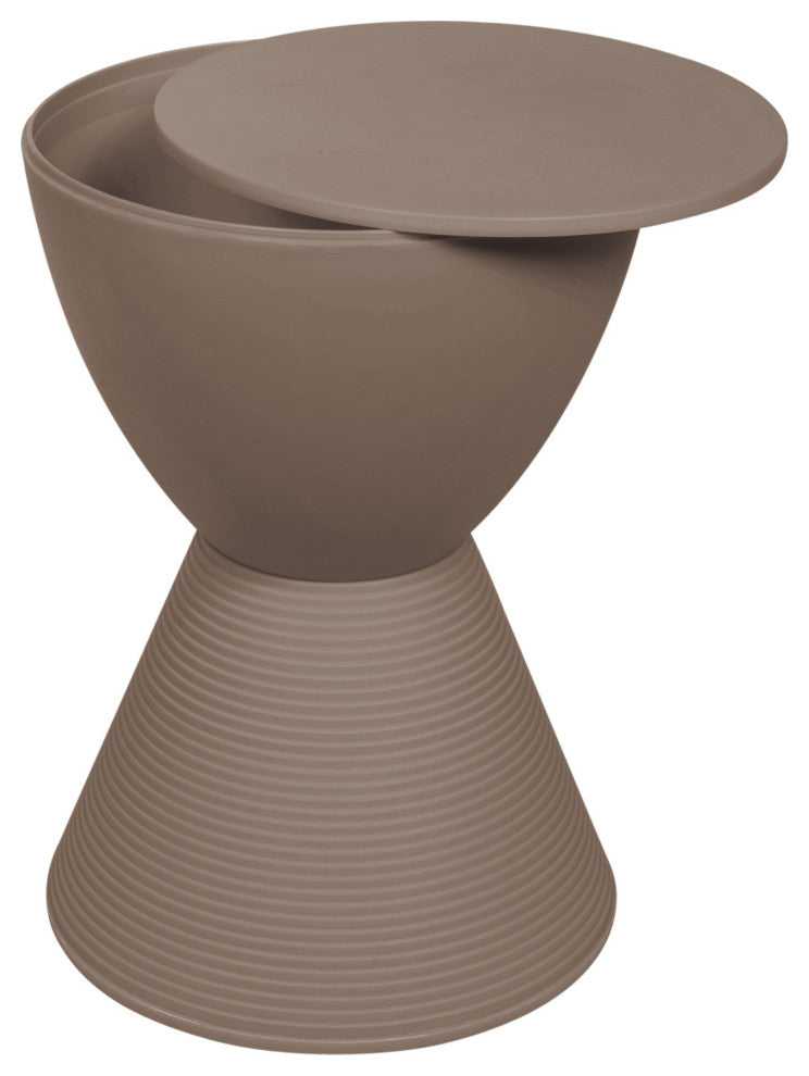 Round Side Table in ABS Plastic Ribbed Design End Table with Removable Lid, Taupe