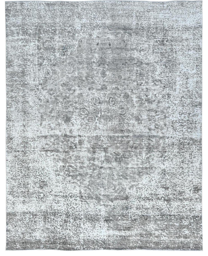 Stone Gray Worn Wool Hand Knotted Semi Antique Persian Tabriz Rug, 9'3"x12'0"