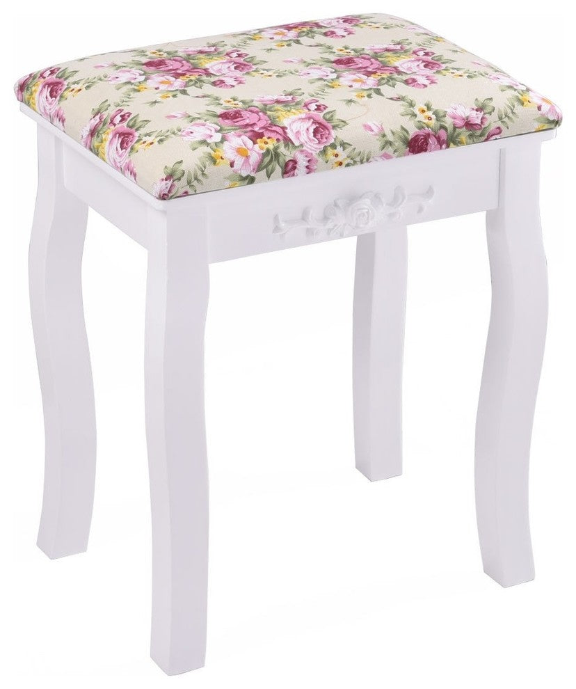 Vanity Wood Dressing Stool Padded Piano Seat With Rose Cushion, White