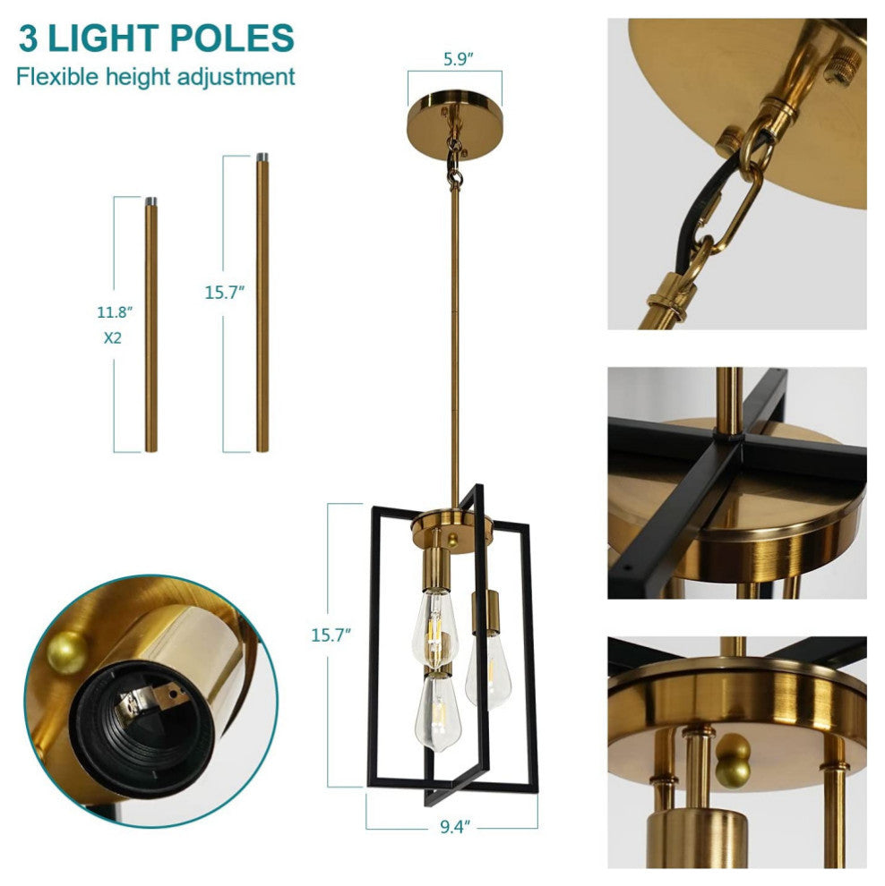 3 Light  Black and Gold Pendant Light Modern Lantern Chandelier