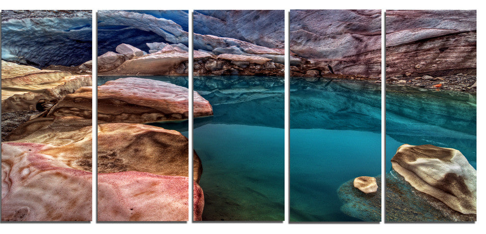 Deep Glacier Cave in Blue, Landscape Canvas Art Print, 60"x28", 5 Panels