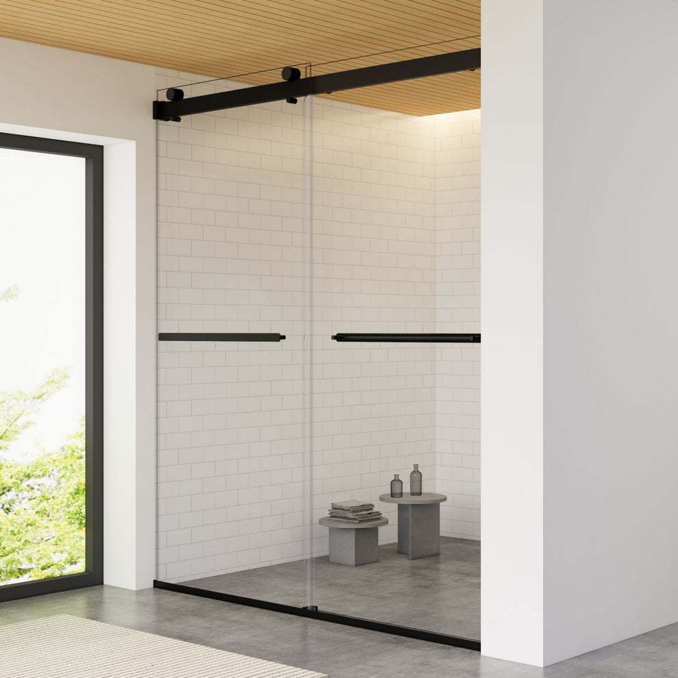Marcelo By Pass Frameless Shower Door, Clear Glass, Matte Black, 64"wx76"h