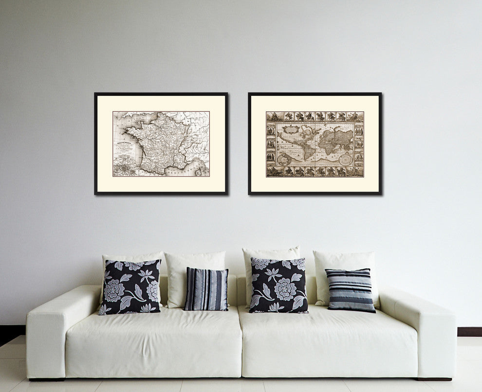 Asia Vintage Old Sepia Map Print On Canvas With Black Custom Frame, 16" X 21"
