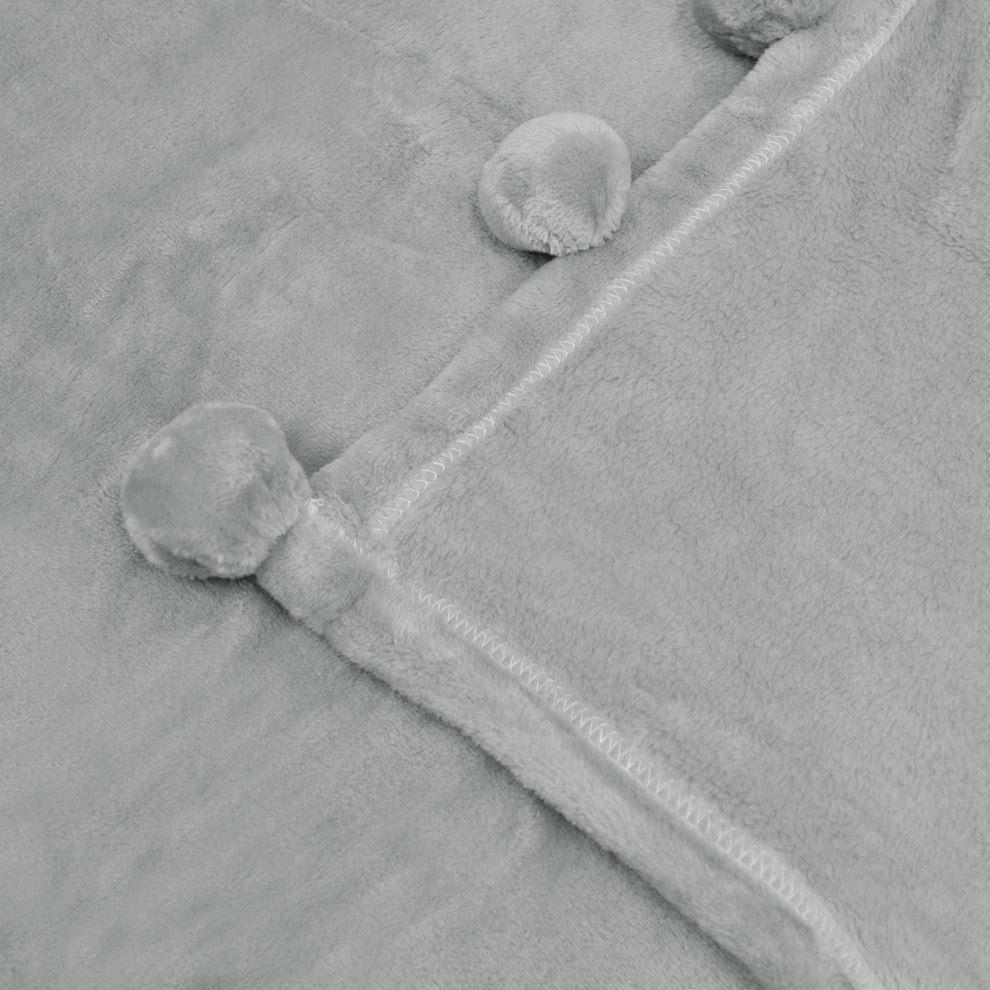 Pom Pom Flannel Fleece Throw Blanket, Silver Grey, 50" X 60"