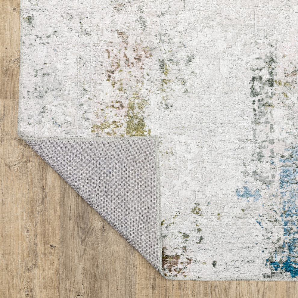Michaela Machine Washable Faded Ivory/ Blue Indoor Area Rug, Ivory, 2'x8'