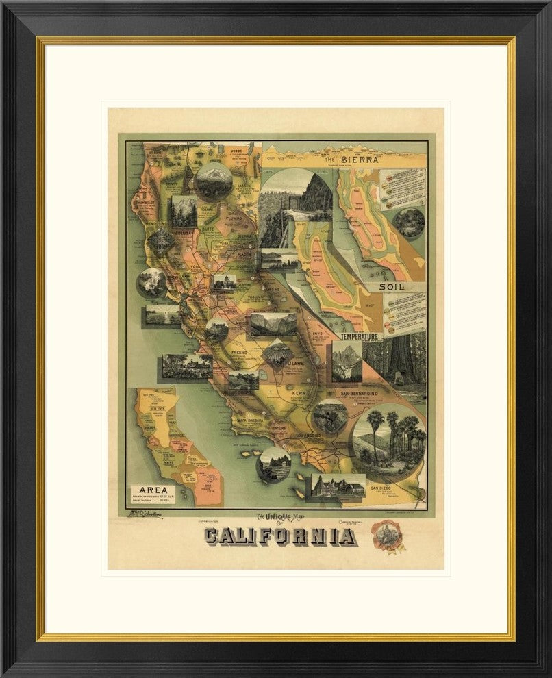 "The Unique Map of California, 1885" Framed Print by E. McD. Johnstone, 26"x32"