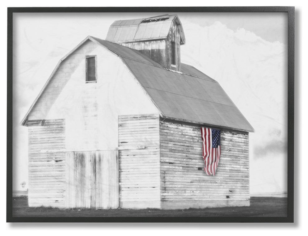 Rustic US Barn Flag Black & White Framed Giclee Texturized Art, 11"x14"