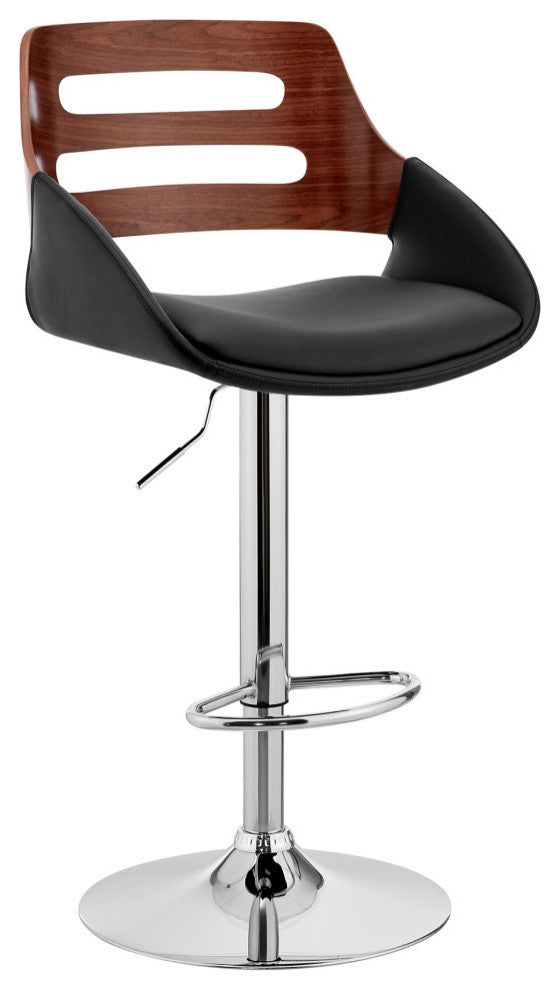 Karter Adjustable Faux Leather/Wood Barstool, Black and Walnut With Chrome Base