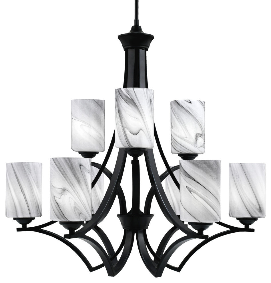Zilo, 9 Light, Chandelier, Matte Black Finish With 4" Onyx Swirl Glass