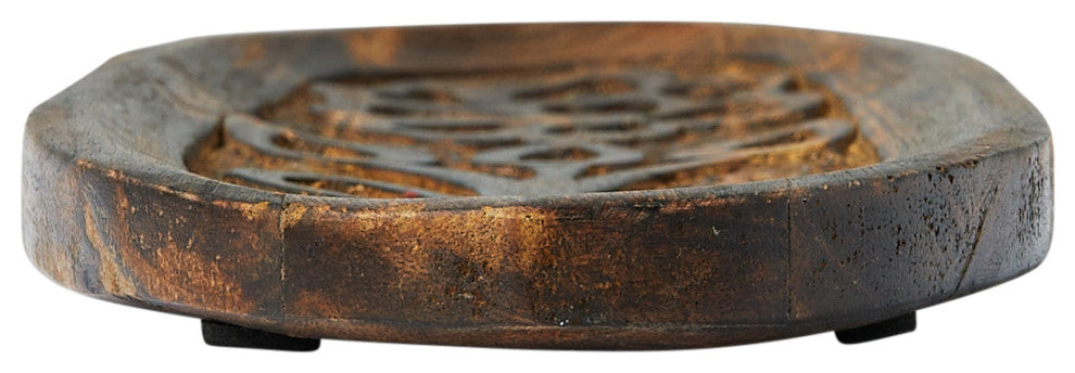 Boho Decorative Wood Tray with Carved Floral Design, Natural