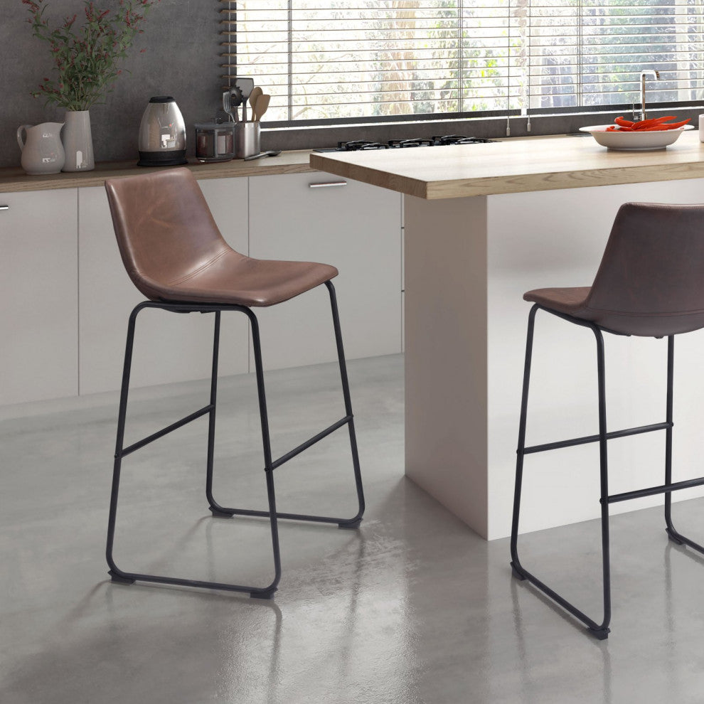Bar Stool Chair, Set of 2, Faux Vinyl Leather, Vintage Brown Black, Industrial