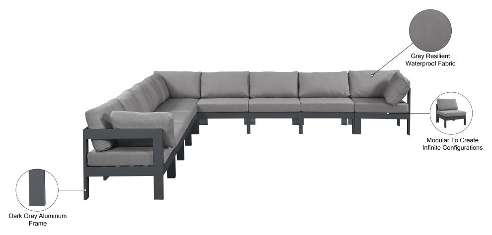 Nizuc Water Resistant Patio L-Shaped Modular Sectional, Gray, 9-Piece: 6 Armless Chair, 3 Corner Chair, Dark Gray Aluminum Frame