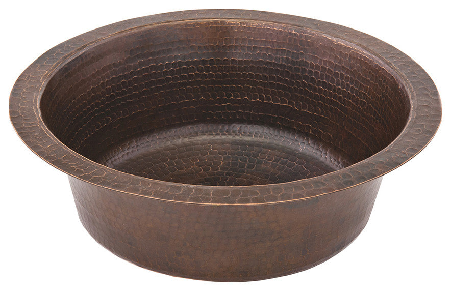 14" Round Hammered Copper Prep Sink, 3.5" Drain Opening, Drain & Accessories