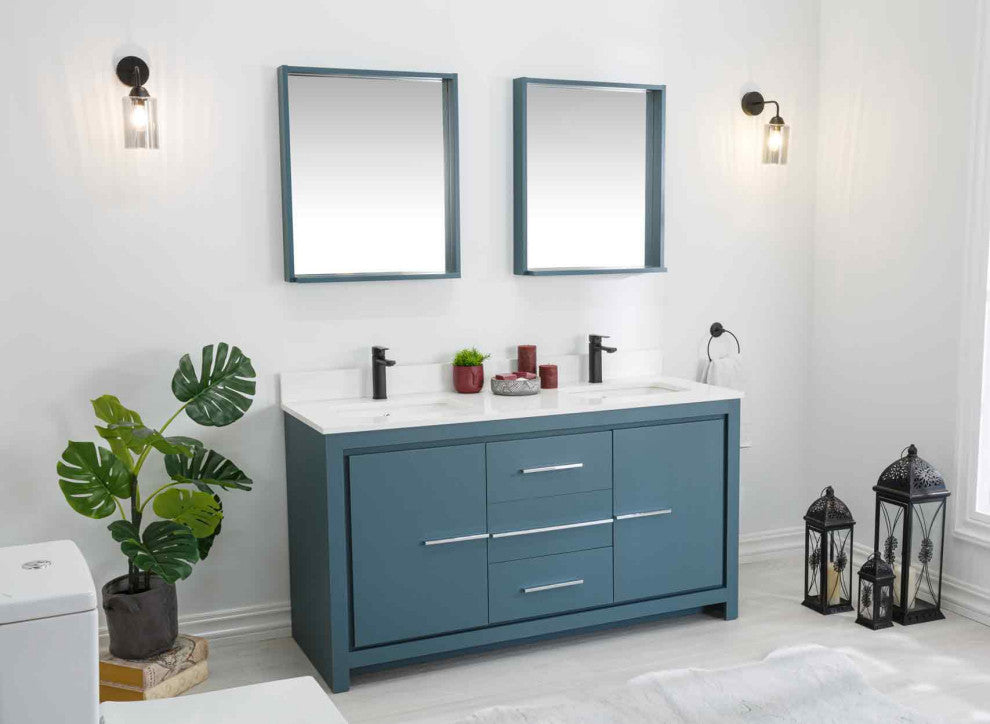 Mila Collection 60" Bathroom Vanity With Sink, Mirror, Countertop, Alasca Blue