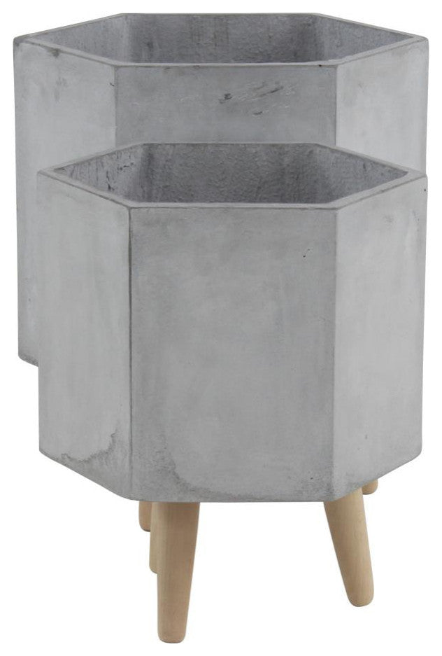 Set of 2 Grey Polystone Contemporary Planter, 15", 17"