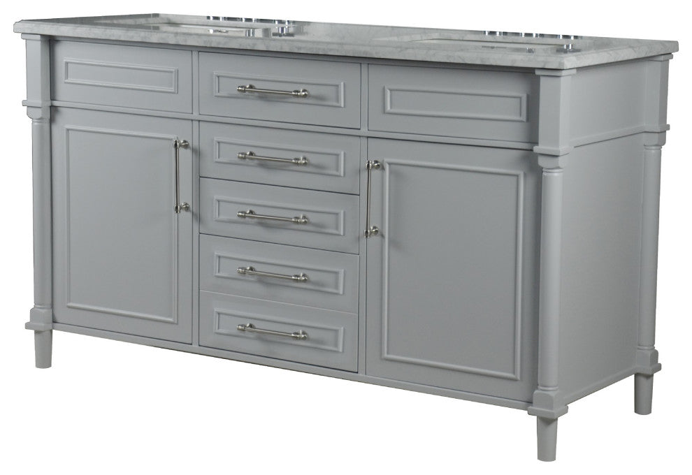60" Double Vanity, Light Gray With White Carrara Marble Top
