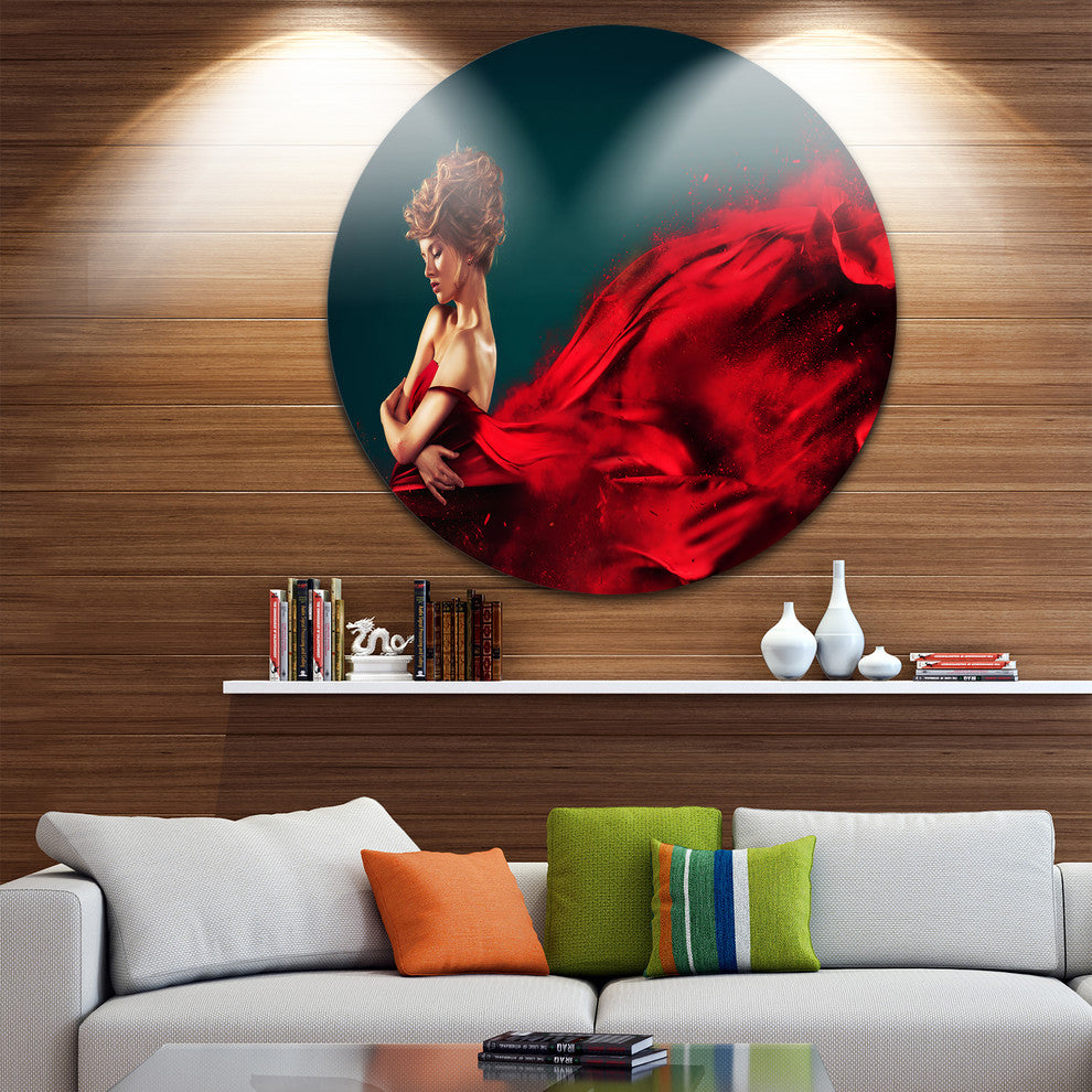 Woman In Flying Red Dress, Portrait Digital Round Metal Wall Art, 38"