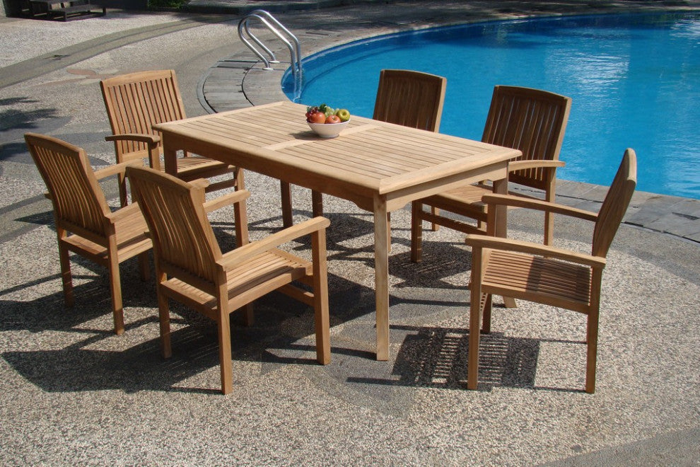 7-Piece Outdoor Teak Dining Set: 71" Rectangle Table, 6 Wave Stacking Arm Chairs