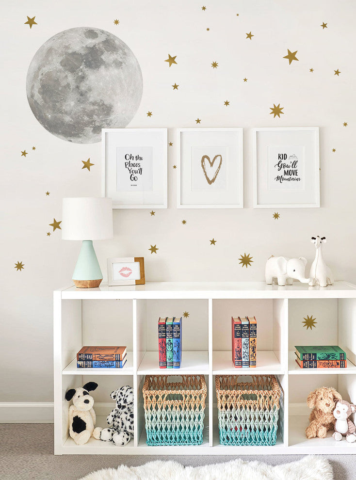 Moon and Stars, Vinyl Wall Sticker, Vinyl Wall Decal, Metallic Gold Stars