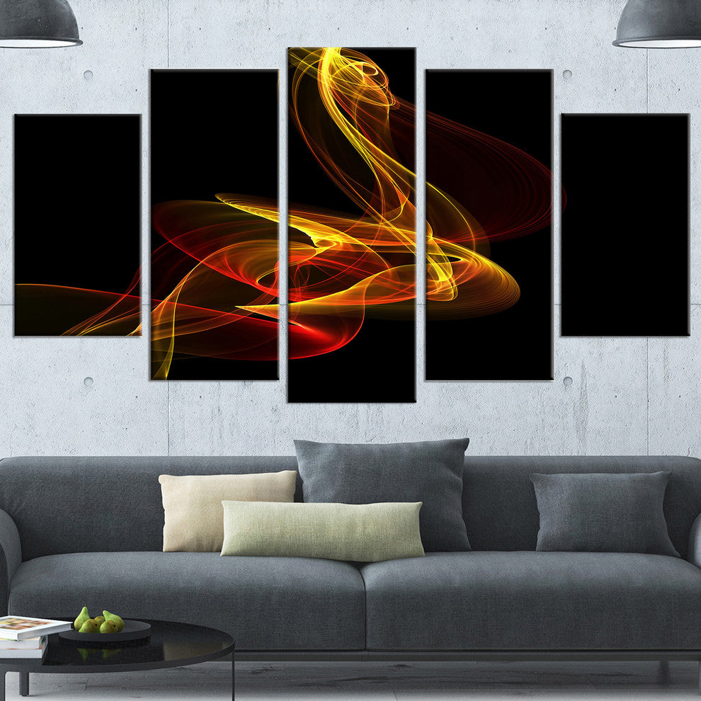 Red Yellow Twisted Waves Fractal, Abstract Canvas Wall Art, 60"x32", 5 Panels