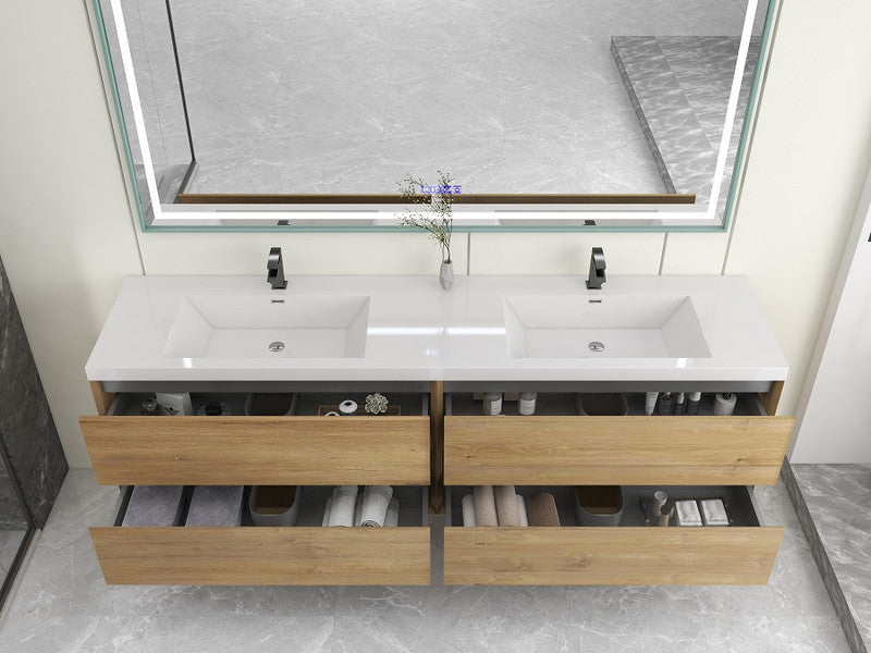 Ashley 84'' Floating Vanity, Acrylic Top, Double Sink, White Oak