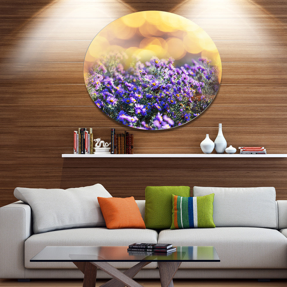 Purple Flowers On Brown Background, Flower Round Wall Art, 36"