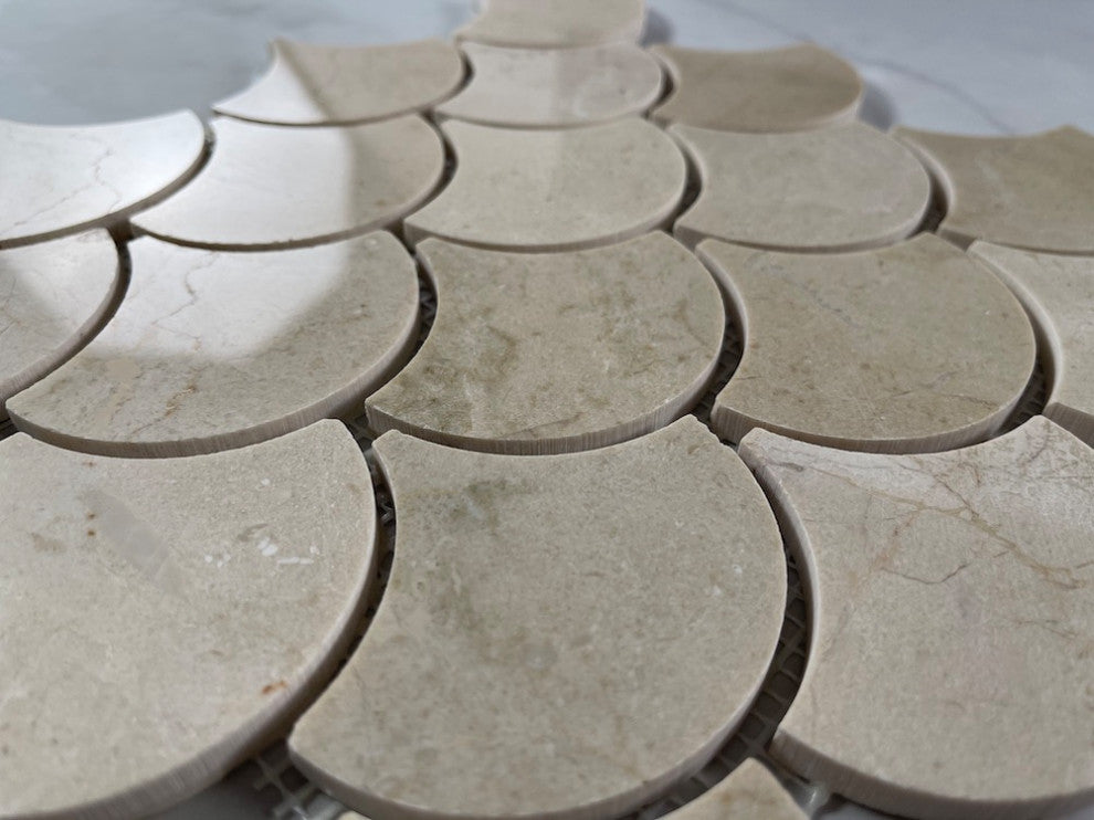 Fish Scale Crema Marfil Marble Grand Fan Mosaic Tile Polished, 1 sheet