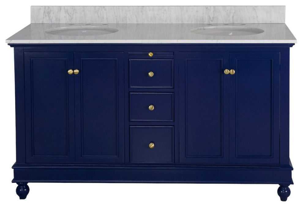 Bella 60" Bathroom Vanity, Royal Blue, Carrara Marble, Double Vanity