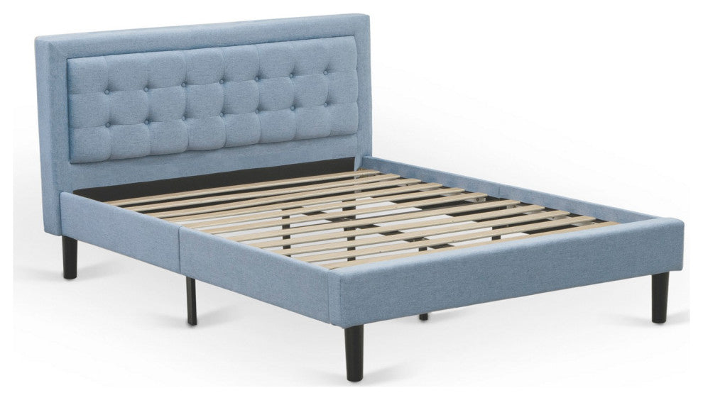 3-Piece Platform Bed Set, 1 Queen Bed Frame, 2 Night Stands Denim Blue Fabric