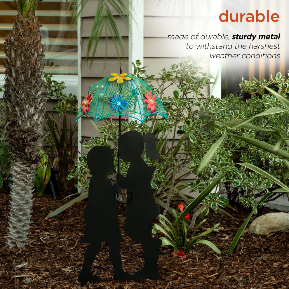 Alpine Solar Boy and Girl With Umbrella Decor and Stake, 39"Tall