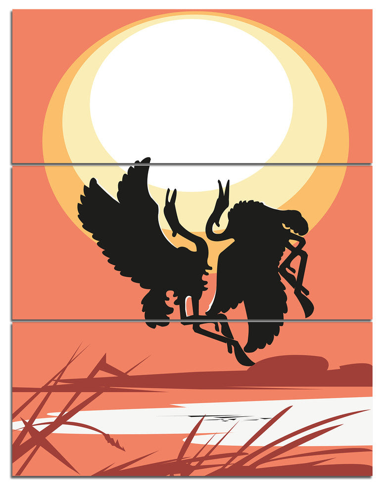 Birds at Sunset Vector Drawing, Large Abstract Canvas Wall Art, 28x36, 3 Panels