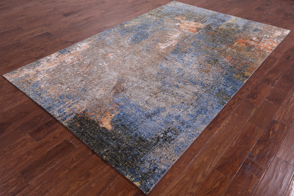 5' 11" X 9' 3" Wool and Silk Hand Knotted Abstract Rug Q8560
