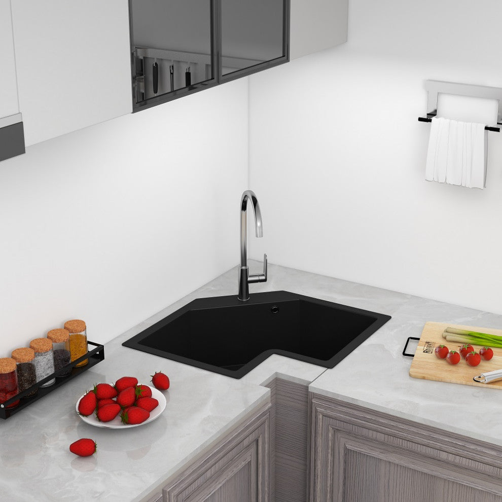 25" Drop In Corner Kitchen Sink Modern Single Bowl Quartz Irregular Sink, Black