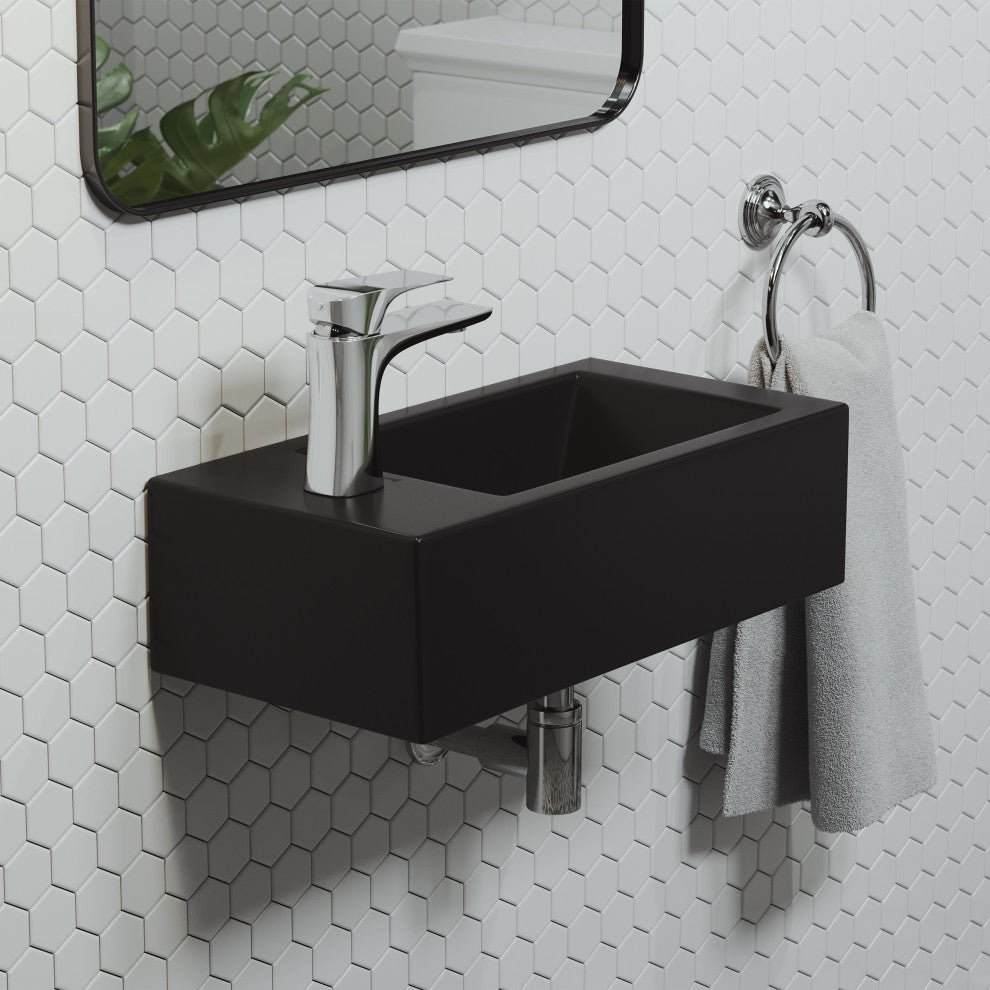 Voltaire 19.5"x10" Ceramic Wall Hung Sink With Faucet Mount, Left Side Matte Bla