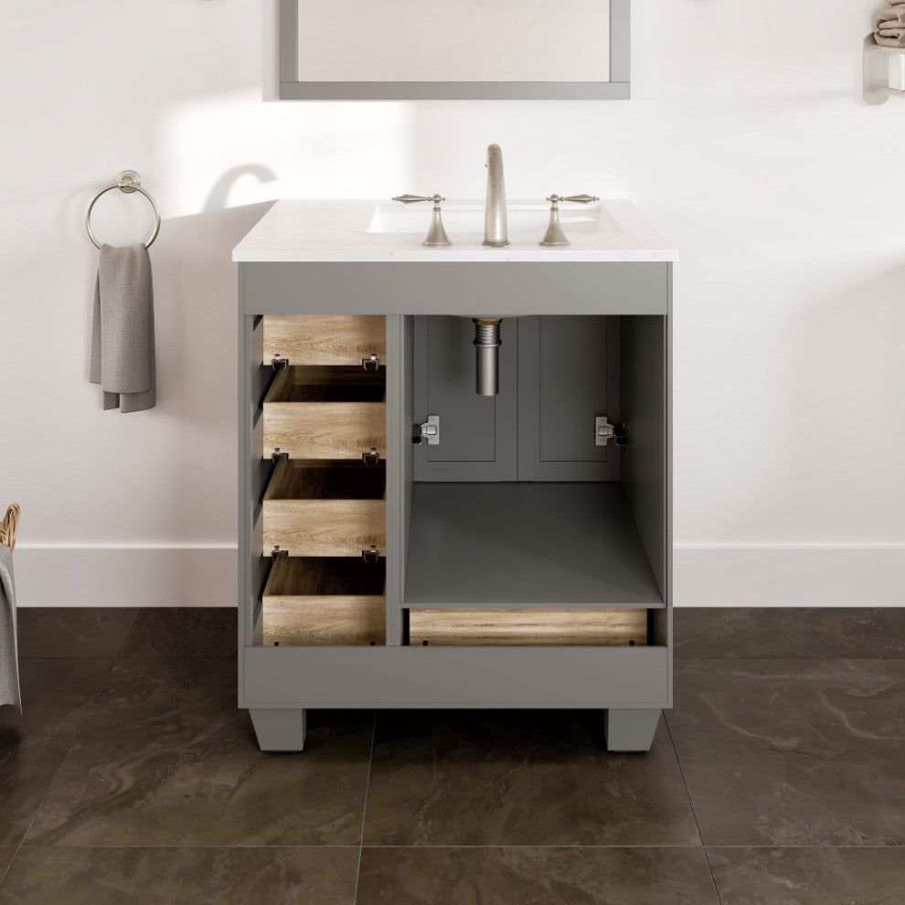Eviva Acclaim 28" Transitional Bathroom Vanity w/ White Carrara Top, Grey