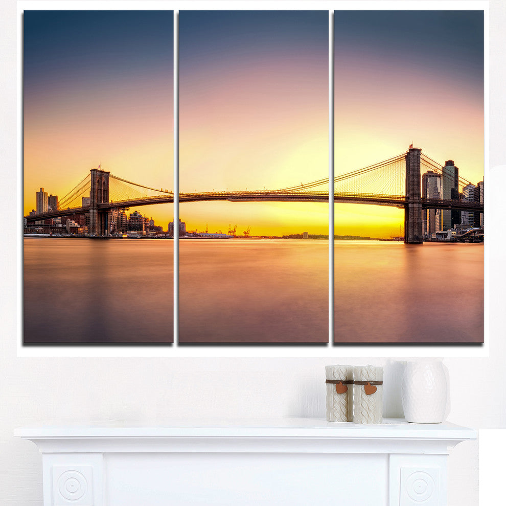 "Brooklyn Bridge Panorama Yellow Sky" Metal Wall Art, 3 Panels, 36"x28"