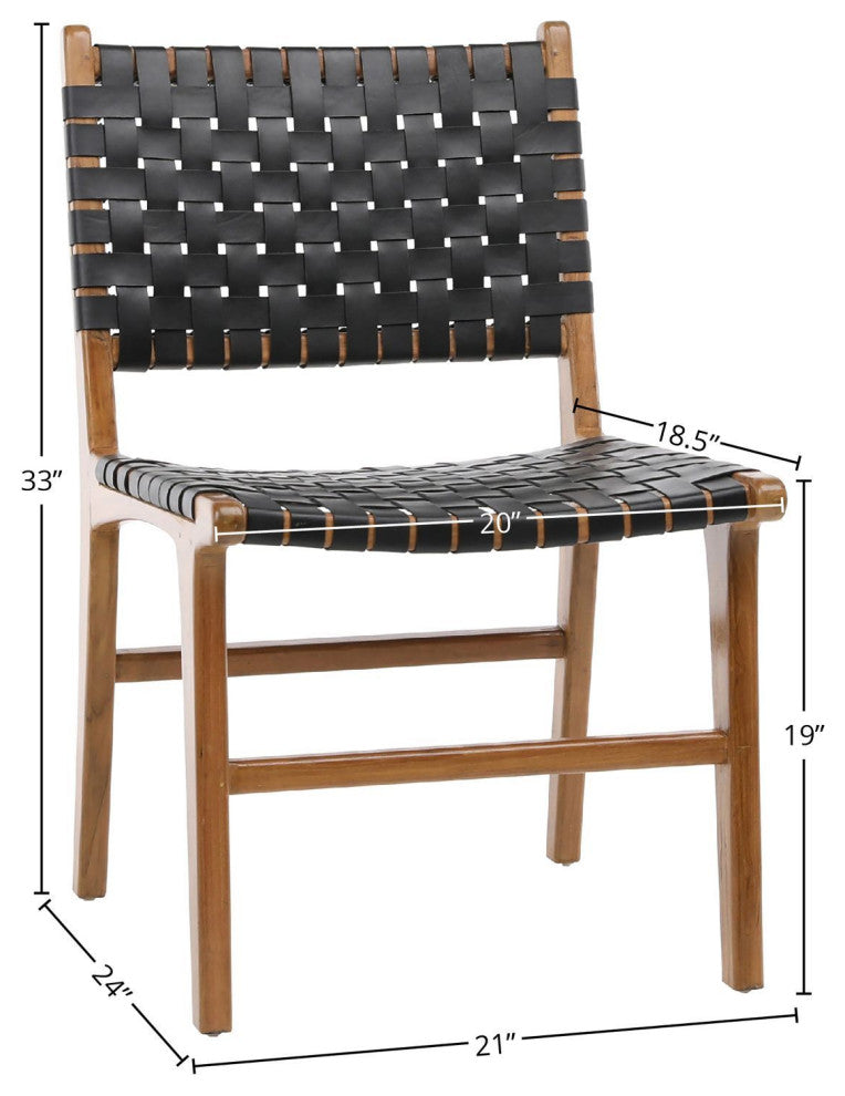 Maverick Top Grain Leather Dining Side Chair, Black Leather With Light Frame