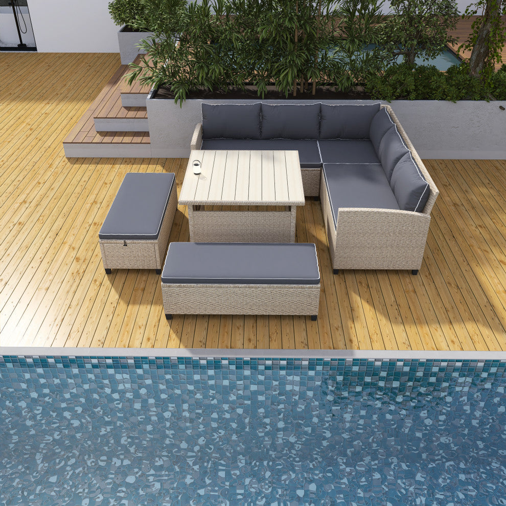 6 Pieces Outdoor Rattan Patio Sectional Sofa With Table and Benches