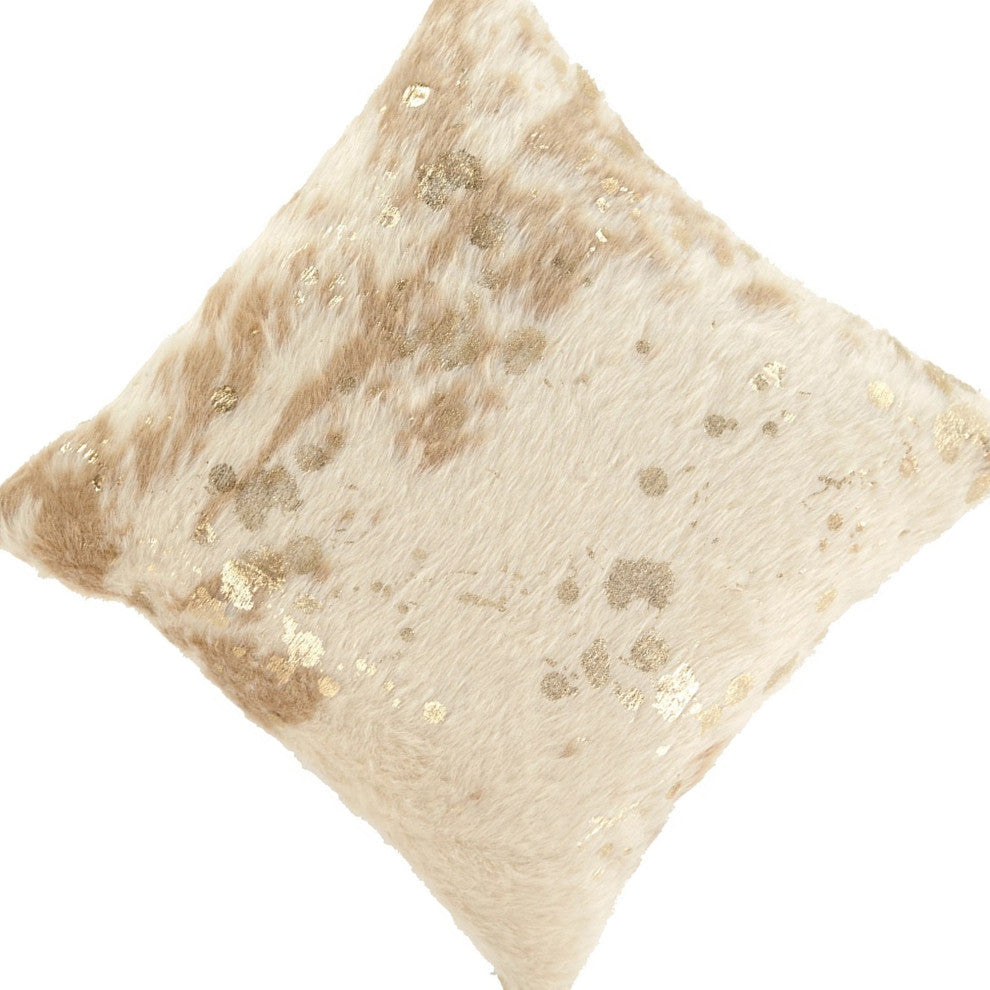 Benzara BM231906 Faux Fur Pillow With Zipper Closure, 4-Piece Set, Cream & Gold