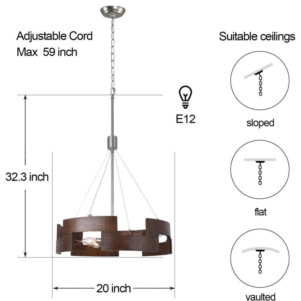 5 Light Rust Drum Pendant Light Vintage Wood Farmhouse Chandelier