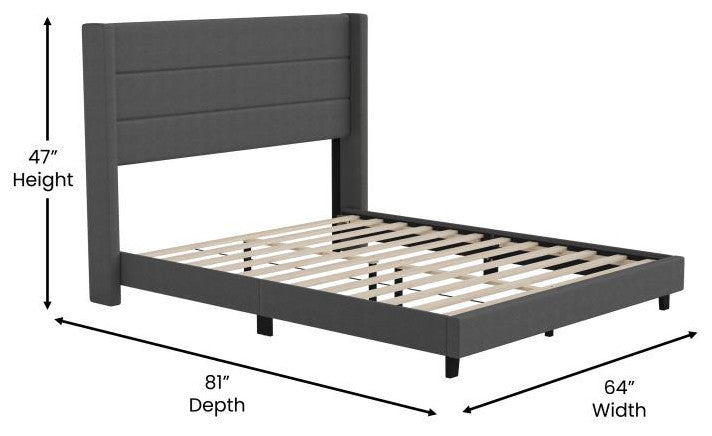 Hollis Upholstered Platform Bed with Wingback Headboard w/Mattress Foundation, Charcoal, Queen