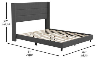 Hollis Upholstered Platform Bed with Wingback Headboard w/Mattress Foundation, Charcoal, Queen