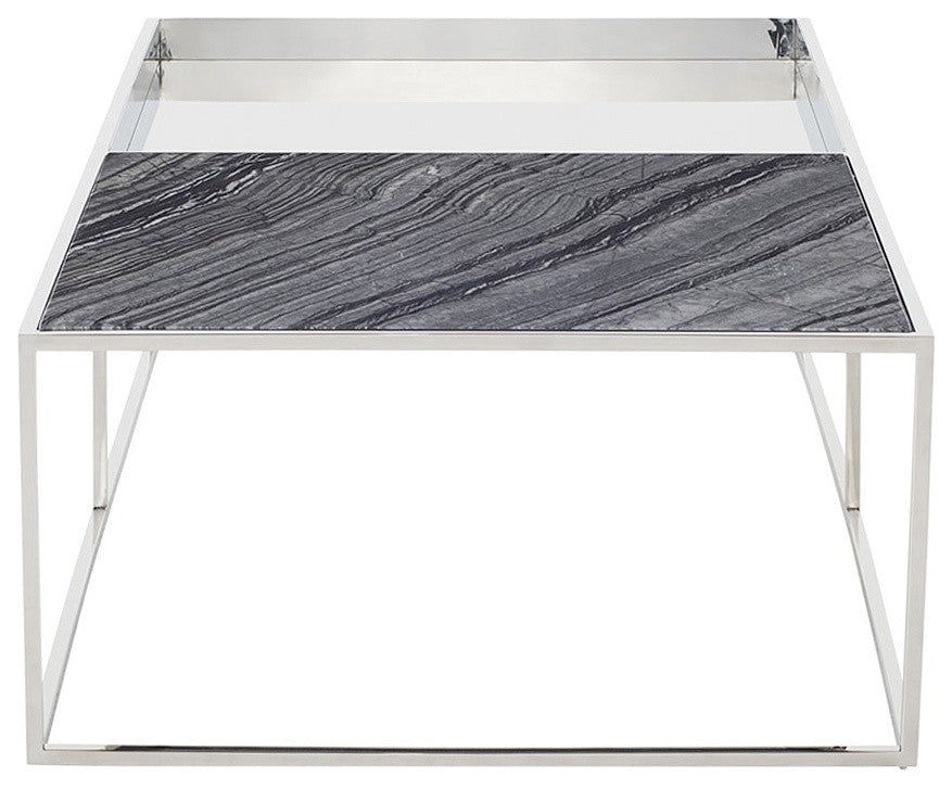 Corbett Rectangle Coffee Table, Chrome Coffee Table, Modern Black Marble