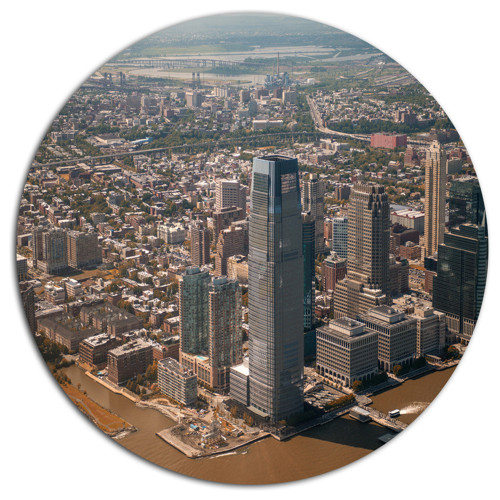 Aerial View Of City From Helicopter, Cityscape Round Metal Artwork, 11"